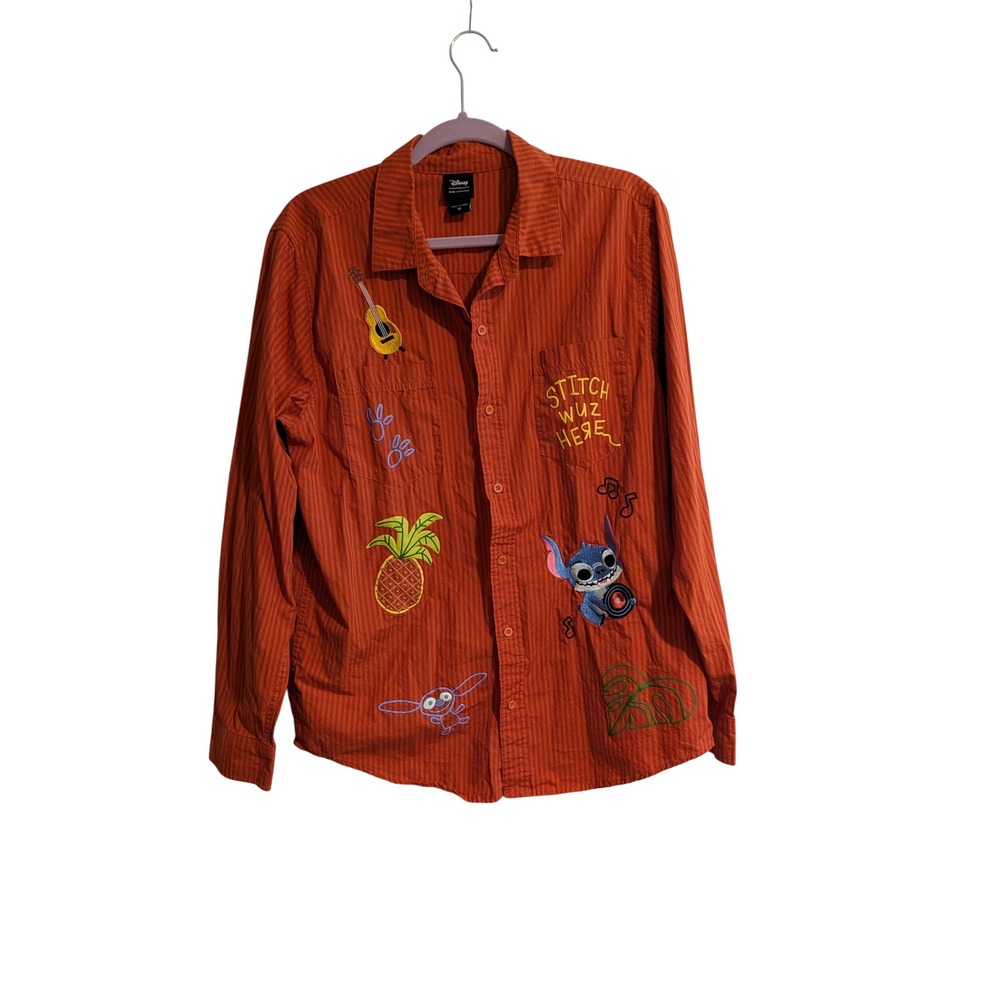 Disney Our Universe Button Down Shirt Mens M Orange Lilo and Stitch Embroidered